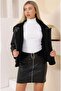 Women's Black Full Fur Ring Zippered Back Plush Detail Fur Biker Faux Coat Jacket - 6