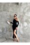 Women's Black Stretch Fabric One Shoulder Open Slit Back Detail Long Sleeve Midi Length Evening Dress - 4