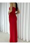 Women's Red Stone Detailed Double Breasted Neckline Deep Slit Maxi Off Shoulder Scuba Fabric Strap Evening Dress - 2