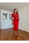 Women's Red Imported Fabric Belt Detail Special Design Lined Midi Dress - 3