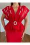 Women's Red Imported Fabric Belt Detail Special Design Lined Midi Dress - 6