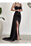 Women's Black Sweetheart Neckline Open Shoulder Strap Glop Slit Fish Long Maxi Length Satin Fabric Evening Dress