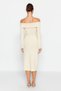 Beige Bodycon Ribbed Soft Textured Midi Stretchy Knitted Pencil Madonna Collar Dress Twoaw24El00803 - 5