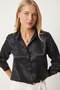 Women's Black Lightly Flowy Satin Surface Shirt DD00990