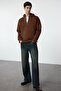 Kahverengi Oversize/Geniş Kesim Fermuarlı Kapüşonlu İçi Polarlı Basic Sweatshirt TMNAW25SW00050 - 2