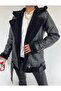 Women's Black Fur Inside Black Fur Oversize Long Faux Leather Biker Jacket Coat Fur Coat - 5