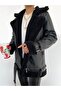 Women's Black Fur Inside Black Fur Oversize Long Faux Leather Biker Jacket Coat Fur Coat - 2