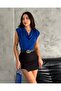 Women's Cobalt Blue Degaje Collar Pleated Shoulder Padded Flowy Stretchy Sandy Fabric Blouse - 2