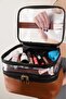 Women's Makeup Bag, Cosmetic Leather , Tan Color, Double Compartment Travel Bag - 4