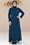 Stone Embellished Detailed Glittering Evening Dress Navy Blue Tbs2232 - 4