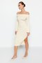 Beige Bodycon Ribbed Soft Textured Midi Stretchy Knitted Pencil Madonna Collar Dress Twoaw24El00803 - 3