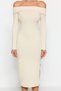 Beige Bodycon Ribbed Soft Textured Midi Stretchy Knitted Pencil Madonna Collar Dress Twoaw24El00803 - 4