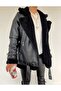 Women's Black Fur Inside Black Fur Oversize Long Faux Leather Biker Jacket Coat Fur Coat - 3