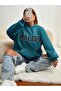 Women's Petrol Blue Malibu Printed Hooded 3 Thread Kangaroo Pocket Oversize Sweatshirt - 5