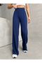 Women's Navy Blue Ribbed Modal Textured Wide Leg Long Pants - 2