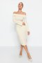 Beige Bodycon Ribbed Soft Textured Midi Stretchy Knitted Pencil Madonna Collar Dress Twoaw24El00803