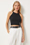 Women's Black Halter Neck Crop Knitwear Blouse Fn03341 - 2