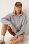 Women's Gray Printed Hooded Oversize Knitted Sweatshirt Vn00009 - 4