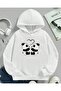 Girl's Hooded White Heart Panda Printed Sweatshirt