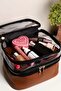 Women's Makeup Bag, Cosmetic Leather , Tan Color, Double Compartment Travel Bag - 6