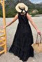 Women's Black Lacing Detailed Adjustable Strap Lined Scallop Dress - 3