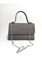 Women's gray satin mini evening bag with silver stone accessories - 2
