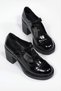 WOMEN'S BLACK Patent Leather Genuine Leather Banded Thick Heeled SHOES - 6