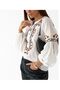 Women's Embroidered Ethnic Pattern Buttoned Cotton Blouse with Elastic Sleeves - 3