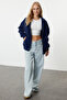 Dark Navy Blue Oversize/Relaxed Fit Zippered Thick Fleece Lined Knitted Cardigan/Sweatshirt Twoaw24Sw00188