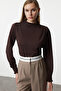 Brown Stand Collar Regular Fit Gipe Detail Stretchy Knitted Blouse Twoaw24Bz00022