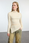 Stone Fitted Gathered/Drape Detailed High Neck Knitted Blouse Twoaw25Bz00145