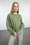 Haki Bisiklet Yaka Regular Fit Nakışlı Kalın İçi Polarlı Örme Sweatshirt TWOAW24SW00199 - 2