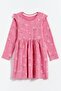 100% Cotton Rabbit Printed Ruffle Drawstring Detailed Girl's Dress - Pink