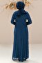 Stone Embellished Detailed Glittering Evening Dress Navy Blue Tbs2232 - 6