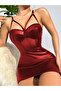 Tulle Detailed Ribbed Leather Mini Dress Red - 3