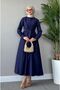 Poplin Fabric Hijab Dress - Shirt Collar and Tie Detail - Navy Blue