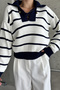 Women's ecru v-neck striped knit sweater with tie detail - 7