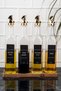 Set of 4 Glass Oil Bottles with Wooden Stand and Gold Lock Head for Sunflower Oil, Olive Oil, Vinegar, Pomegranate Syrup 500 ml