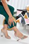 Women's Transparent Stone Thick Heeled Shoes Silvery White - 3