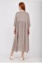 Women's Authentic Dress Beige Crispy Floral Pattern Loose Buttoned Long Robe Mother - 3