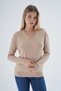 Women's Beige 100% Organic Cotton V-Neck Knitwear Sweater Blouse Trist-6102