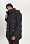 Men's Black Standard Fit Regular Cut Hooded Stand Collar Bag Pocket Coat - 3
