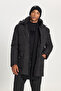 Men's Black Standard Fit Regular Cut Hooded Stand Collar Bag Pocket Coat