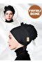 Ruffled Inner Bun Front Stitched Bonnet Black Cotton Combed Fabric Daily Women's Hijab Headscarf Turban