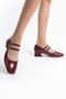Women's Burgundy Patent Leather Double Strap Blunt Toe Short Thick Heeled Shoes - 3