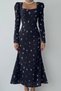 Women's Floral Print Crepe Fabric Square Neck Long Sleeve Midi Length Black Dress 208 - 6