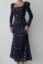 Women's Floral Print Crepe Fabric Square Neck Long Sleeve Midi Length Black Dress 208 - 8