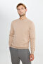 Men's Beige Warm Cotton Standard Fit Regular Cut Crew Neck Knitwear Sweater - 3