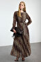 Brown Leopard Print Belt Detailed Lined Pleated Chiffon Woven Dress Tctss24Eb00151