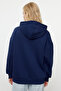 Dark Navy Blue Oversize/Relaxed Fit Zippered Thick Fleece Lined Knitted Cardigan/Sweatshirt Twoaw24Sw00188 - 5